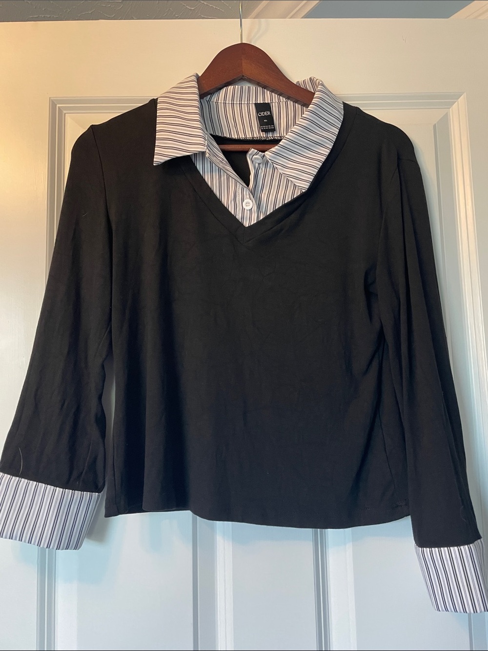 Cider Black V-Neck Layered-Look Top with Striped Collar and Cuffs